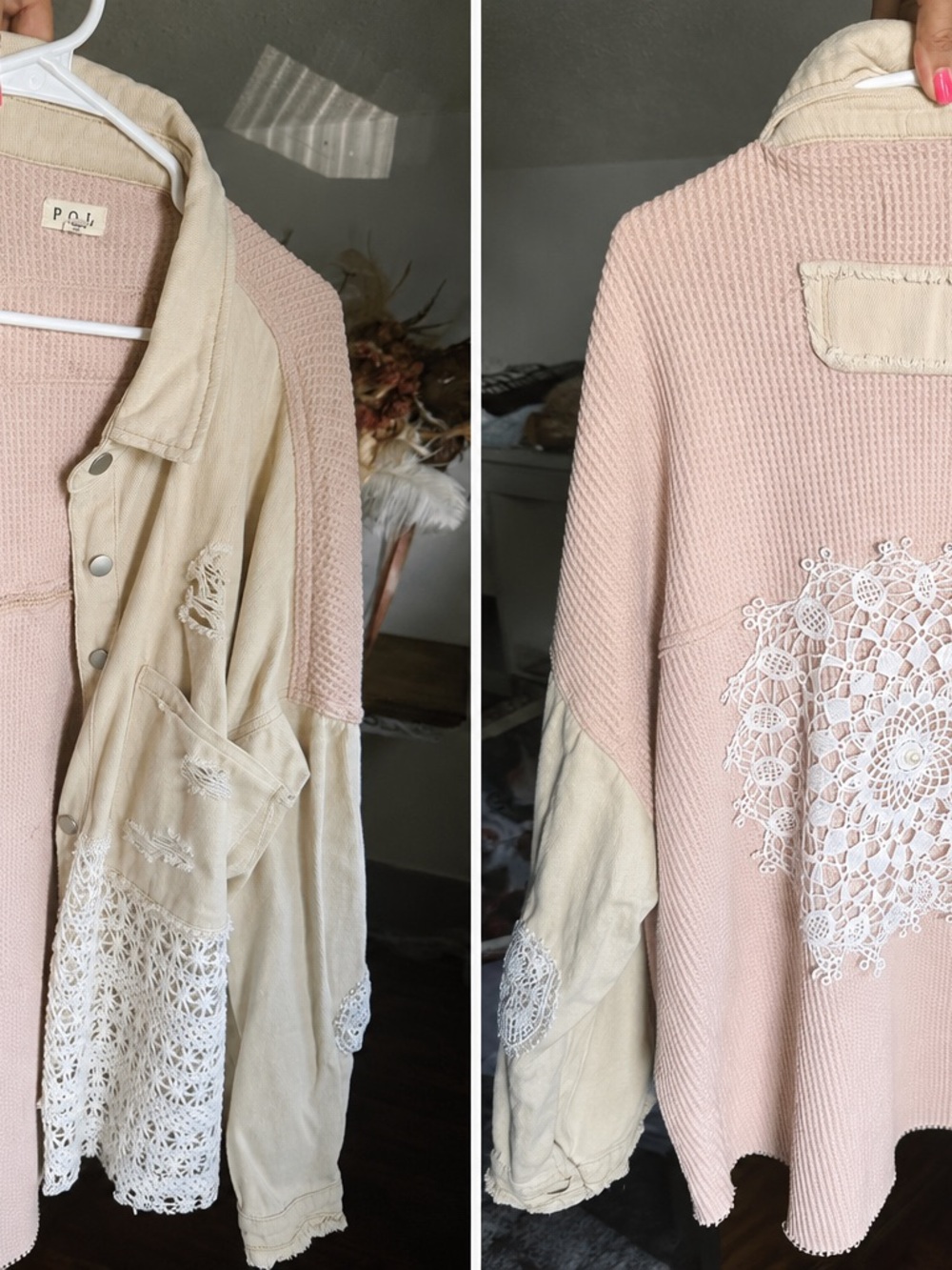 POL Blush Crochet Lace Patchwork Button Up | Shacket Oversized | Large - Picture 5 of 7
